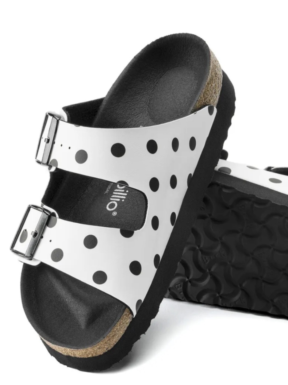 Papillio Black and White Polka Dot Double-Buckle Slide Sandals